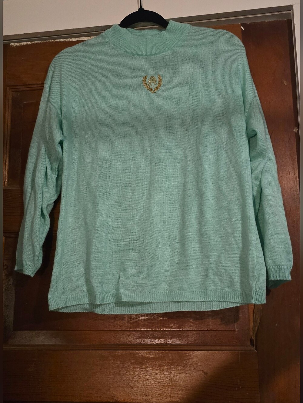 Mint Green Women's Knit Pullover with Embroidered Crest